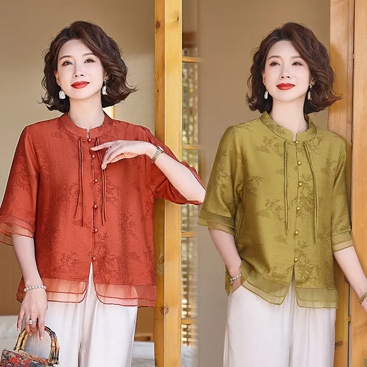 Quần Áo Cho Phụ Nữ Trung Người Già Và Cao Tuổi, Áo Phông Trung Quốc Mới Mùa Hè, Quần Áo Cho Mẹ, Chất Liệu Bông Và Vải Lanh Áo Sơ Mi Tay Lửng Áo, Thích Hợp Cho Ngày Của Mẹ, 2024 Hàng Mới Về