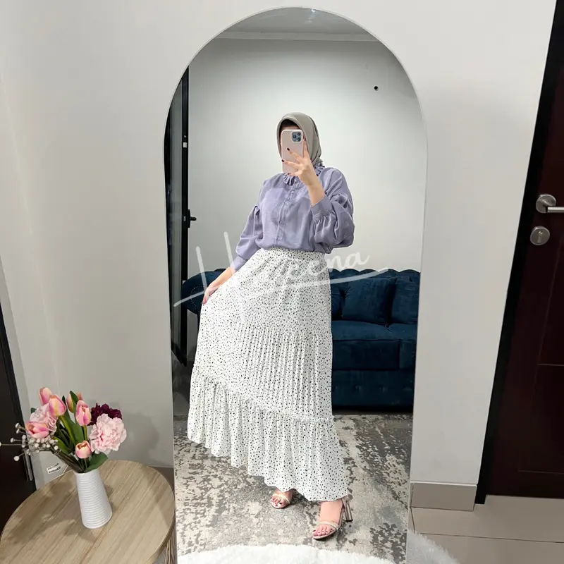 Haseena Rok Susun Rempel Plisket Zeina Motif Bintik Tabur | Bawahan Wanita Muslim Motif Polkadot Emas Mini Tabur Skirt Ruffle Panjang Jumbo 4