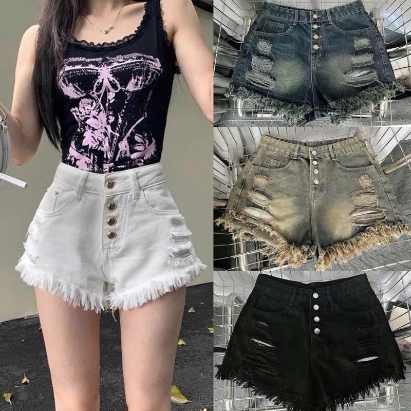 Quần Short Jeans nữ tua rua, khuy cài, rách tạo kiểu 0