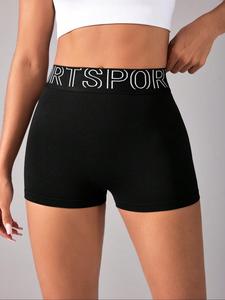 Shorts de gimnasio deportivos para mujer con estampado de letras y cintura alta, transpirables, cómodos, sin costuras y ajustados; ropa deportiva femenina para uso en interiores y exteriores