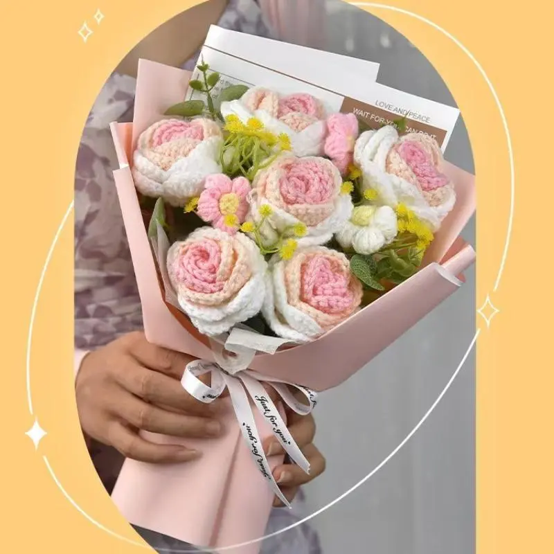 Handmade Knitted Flower Bouquet, 1 Count Roses & Daisies Artificial Flower Bouquet, Creative Gift for Parents, Lovers, Friends, Teachers, Decor 6