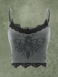 Top de encaje en contraste para mujer, Top sin mangas con tirantes finos ajustable informal para el verano, Top de mujer para uso diario,Top casual para mujer