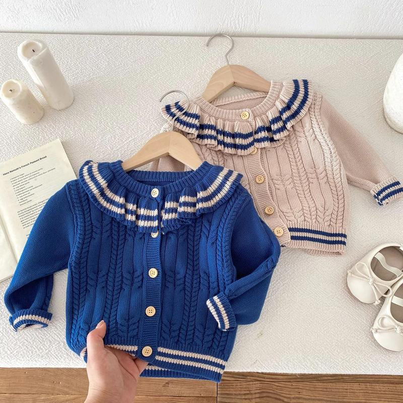 Product Introduction of Ins 2024 Autumn Baby Girls Knit Cardigan Sweater Lotus Collar Ruffle Line Collar Children Winter Solid Thicken Warm Knitwear Top 29