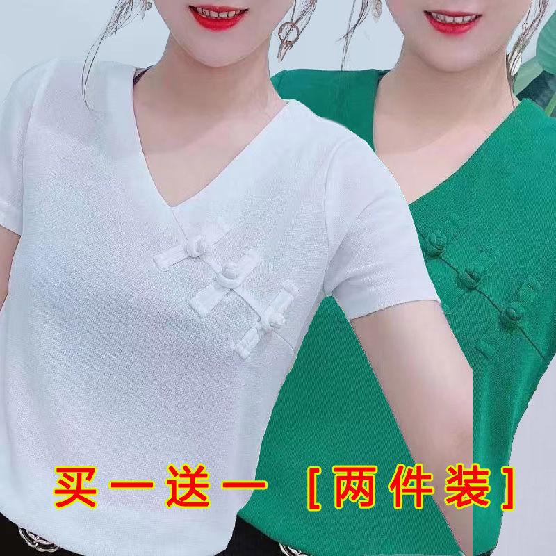 Product Introduction of Áo Thun ngắn Tay Dành Cho Nữ, Dáng Rộng Vừa Vặn, Phong Cách Trung Quốc Cổ Điển, Tay Lửng Cổ Chữ V Có Cúc, Áo Ngoại Cỡ Mùa Hè 2025 Hàng Mới Về 16