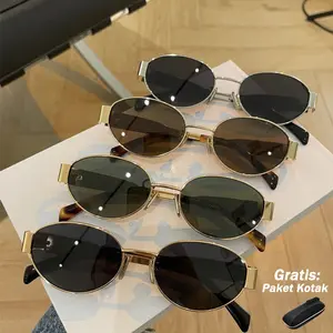 【COD& Paket Kotak】Kacamata Hitam Gaya Oval Premium Metal bingkai kecil Sunglasses wanita laki-laki