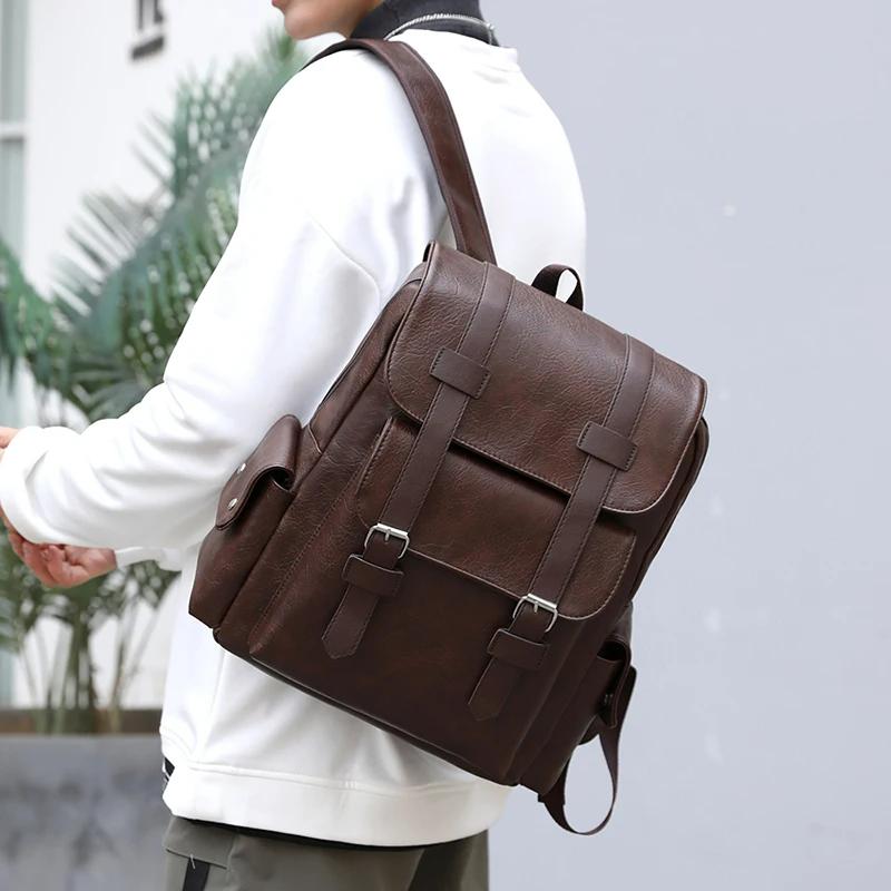 Product Introduction of Men's Backpack PU Leather Bagpack Large Laptop Backpacks Travel Multi Male  Black Schoolbag College Style 12