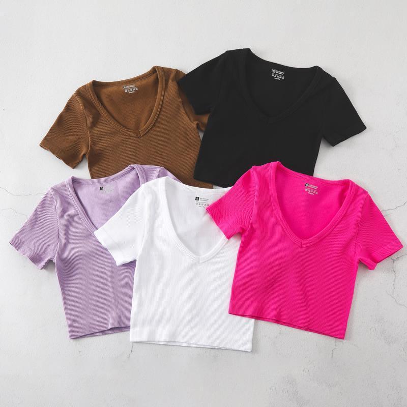 Product Introduction of European and American Yoga Wear Sexy Stretch Yoga Seamless Sports Top Short Sleeve V-Neck Slim Fit Solid Color Ribbed T-Shirt 6