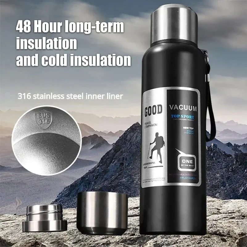 2025 Stainless Steel Thermos Water Bottle – Available in 600/800/1000ml, Portable Large Capacity Vacuum Flask with Rope, Durable & Leak-Proof