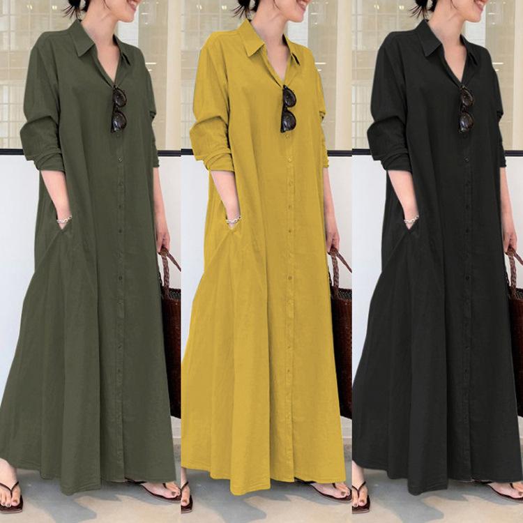 Product Introduction of Women European and American style cotton linen solid color lapel long sleeve insert bag simple loose casual long shirt dress 49