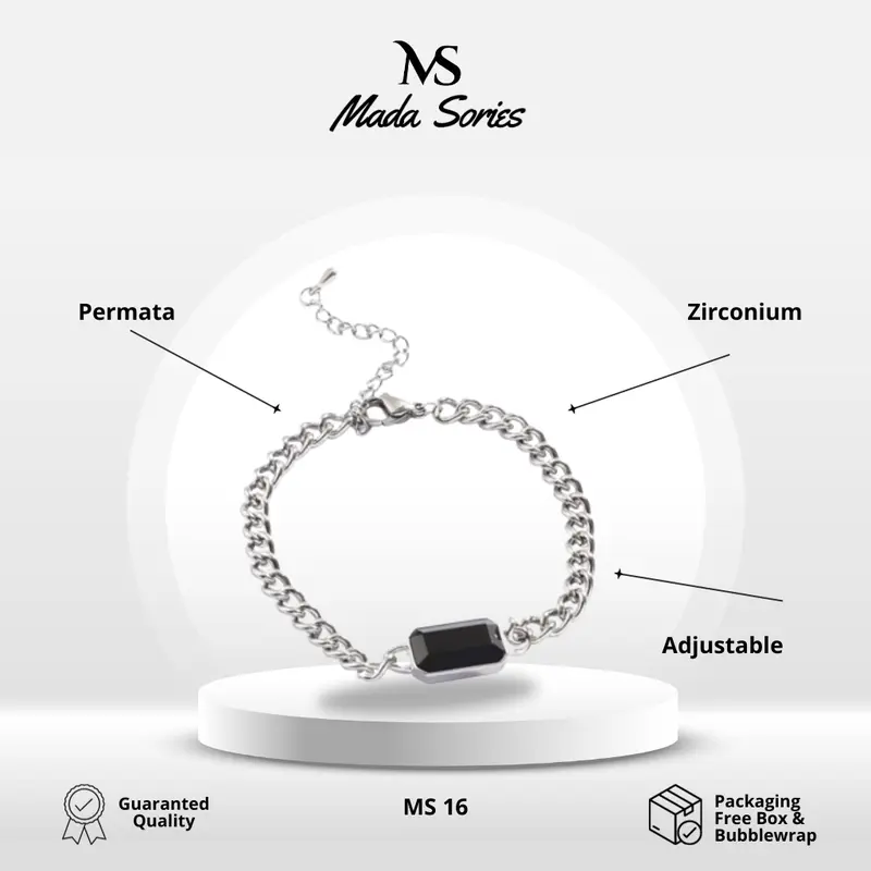 Madasories Gelang Rantai Titanium Permata Hitam Berkilau Zirconium MS16 1