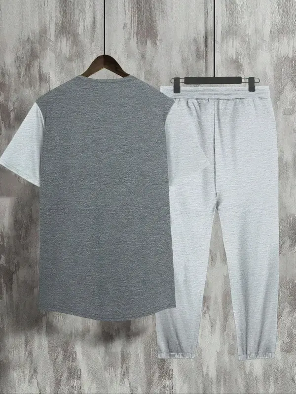 Two-Piece Set Men's Colorblock Print Round Neck Tee & Drawstring Waist Pants, Regular Fit Short Sleeve T-shirt & Pocket Trousers, Men's Clothes for Daily Wear, Menswear 7