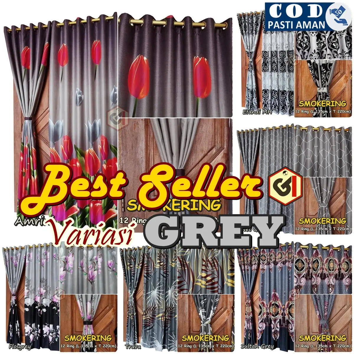Gorden 12 Cincin Bahan Katun Disperse Berkualitas Kelompok Warna Grey Abu Jendela Pintu Tali Kain