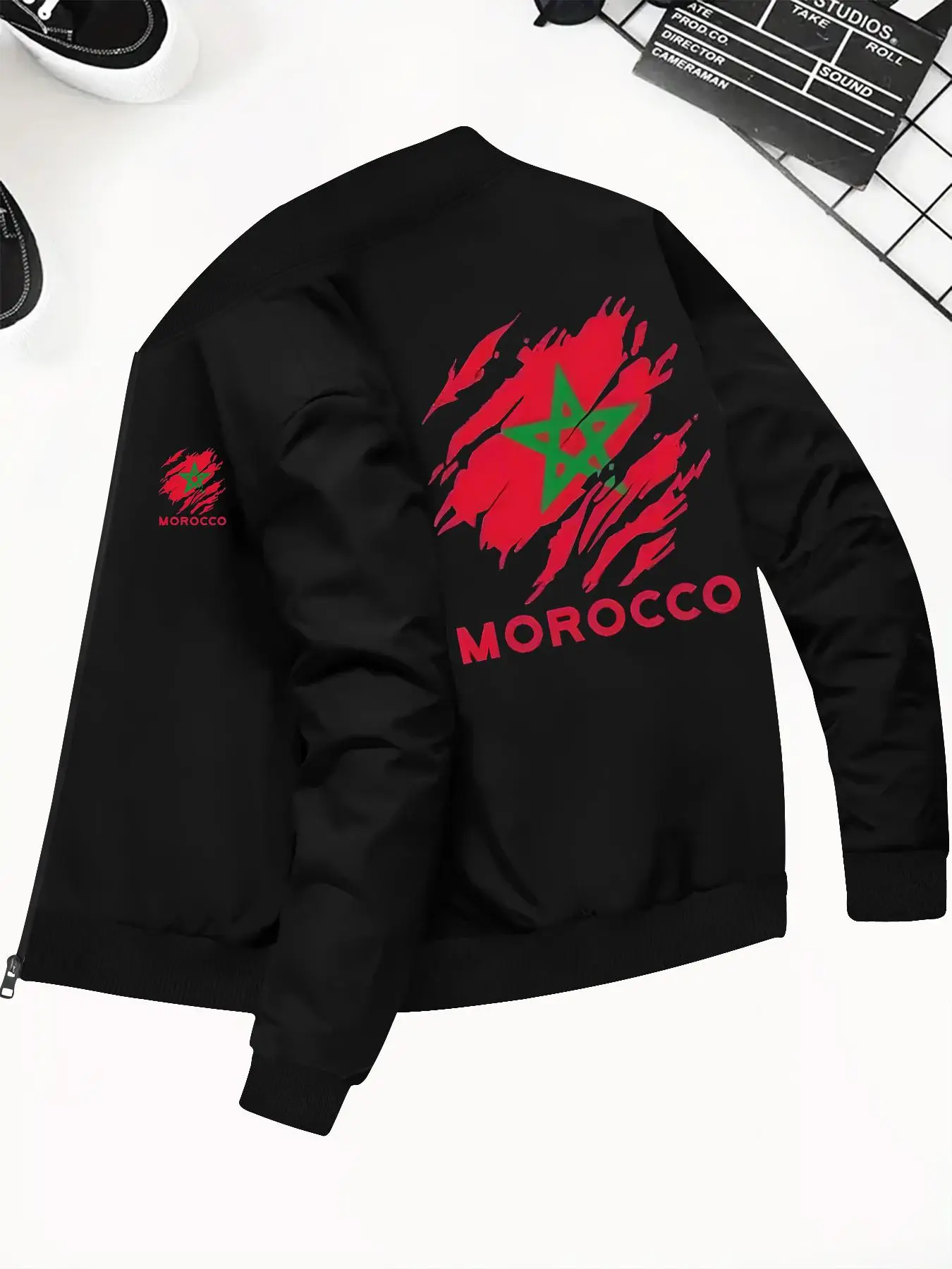 Men's Regular Fit Morocco Flag Print Zip Up Jacket, Casual Letter Print Long Sleeve Outerwear for Spring & Fall, Fashion Men's Clothes for Daily Wear, Coats