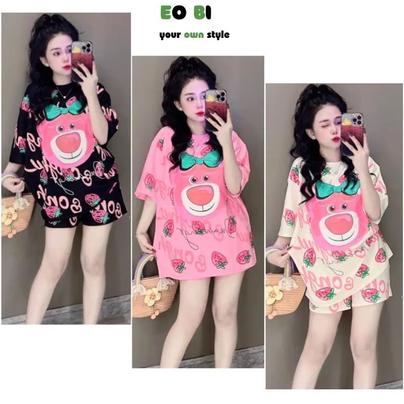 Bộ Đồ Ngủ Tay Ngắn Dáng Rộng In Họa Tiết Gấu Và Dâu Tây Cỡ Lớn Thời Trang Mùa Hè 2024 Mới - EOBI