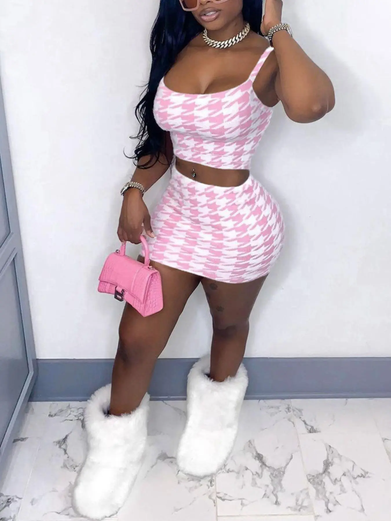 Houndstooth Print Crop Cami Top & High Waist Short Skirt Set, Mean Girls Comfort Printed Spaghetti Strap Crop Top & High Rise Elastic Waist Skirt for Summer