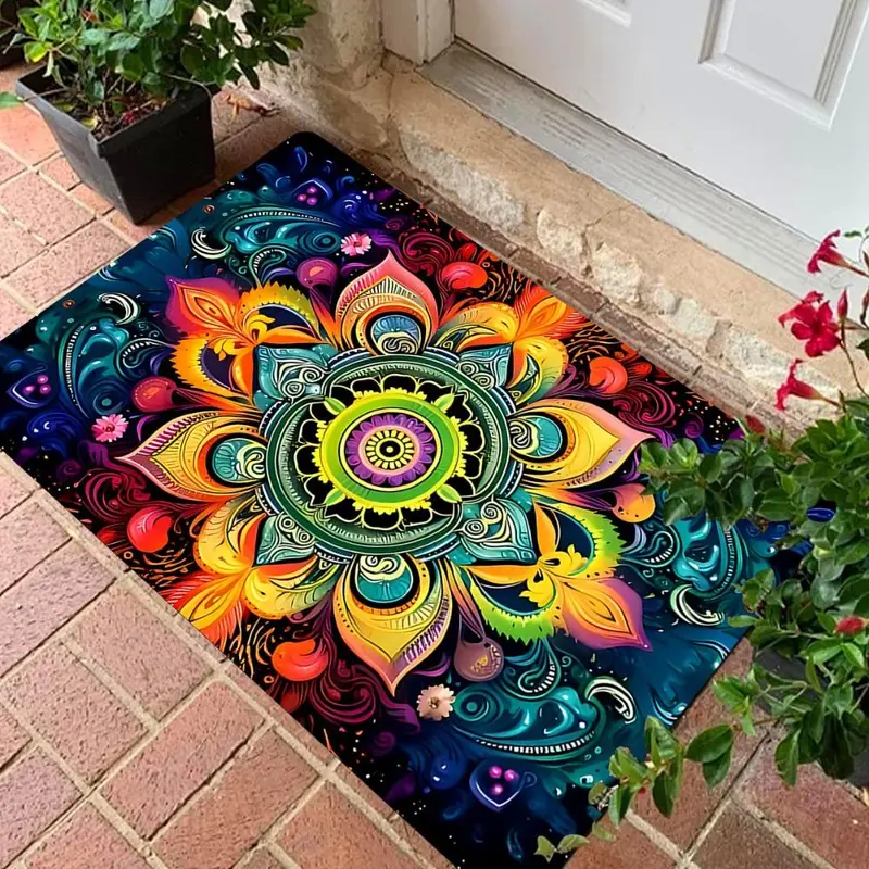 Floral Pattern Non-slip Floor Mat, Mandala Design Lightweight Washable Door Mat, Decorative Carpet for Home Living Room Bedroom Kitchen 0