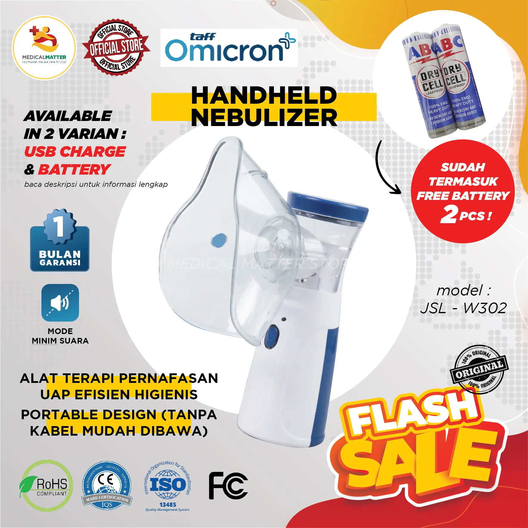 TaffOmicron Alat Terapi Pernapasan Portable Handheld Inhaler Mesh Nebulizer Machine USB Charge - JSL-W302 Alat uap Original Dapat diisi ulang Obat Anak