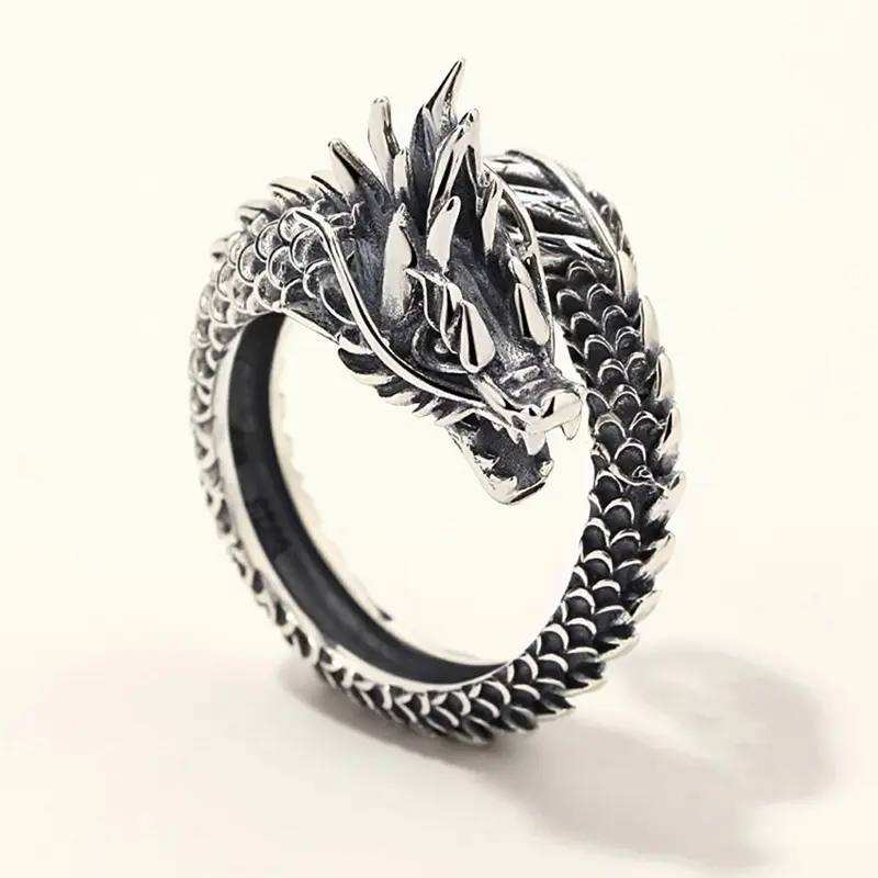 925 Sterling Silver Vintage Fashion Gothic Punk Ancient Dragon Men Opening Ring Thai Silver Boyfriend Gift Party
