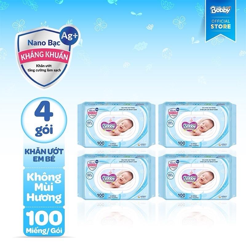 [MỚI] COMBO 4 gói Khăn ướt Bobby không mùi 100 tờ/gói (màu xanh) Trẻ sơ sinh Cho Bé