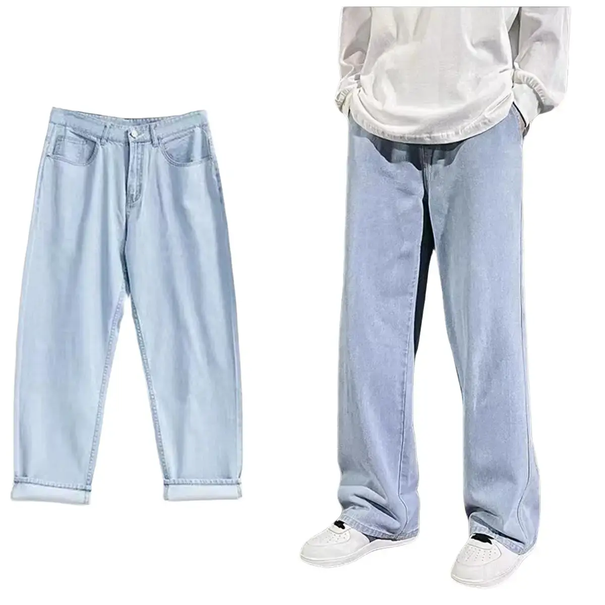 Celana jeans pria Celana Kulot Oversize Jeans Pria Kasual Sederhana Nyaman jeans korean style baggy pants Biru Denim Lembut Panjang Straight Loose Remaja  dewasa
