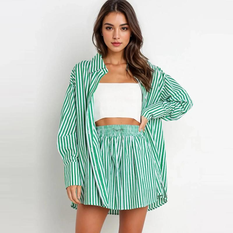 KatchMe Women's Chic Color Matching Striped Long Sleeve Shirt & Drawstring Waist Shorts Co-ord,Comfort Collared Blouse & Wide Leg Shorts Two-Piece Set 3