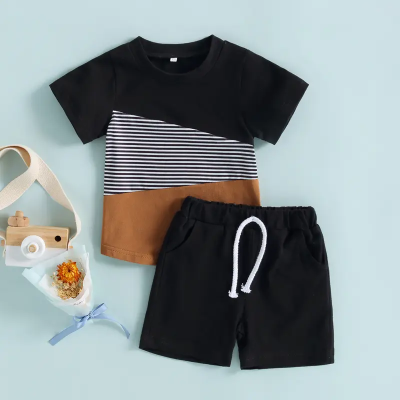 Sut Seluar 2PCS Bayi Lelaki, Tee Krew Patchwork Lengan Pendek + Seluar Pendek Bertali Putih, Pakaian Kasual Musim Panas Kanak-kanak Lelaki