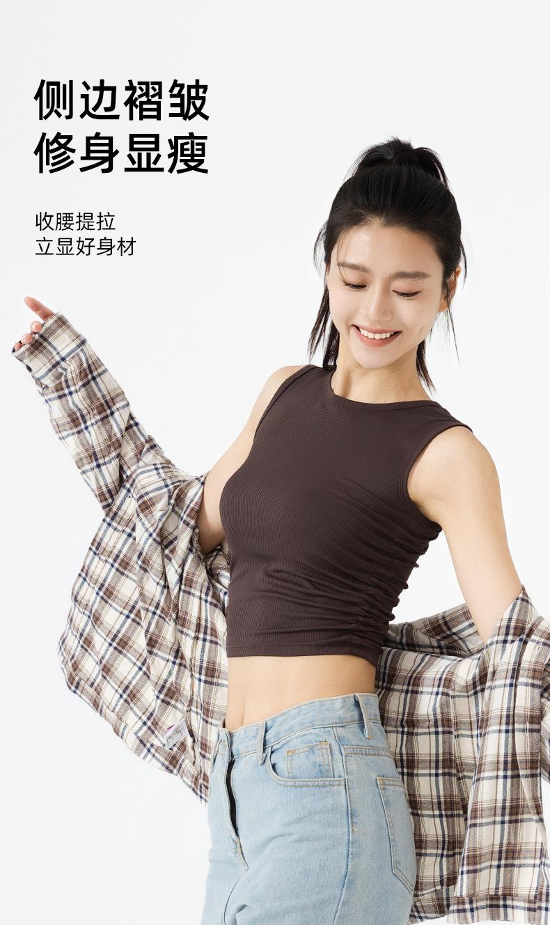 Product Introduction of Summer new product, double-sided wrinkled ribbed sleeveless top, slim fit, waist cinching, sports yoga vest for women 4