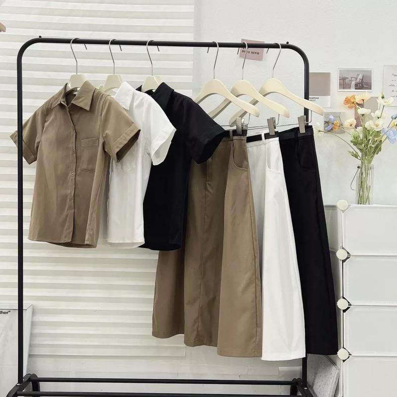 Set áo sơ mi cộc tay chân váy dáng dài kèm đai da 4 màu siêu xinh set sơ mi chân váy ulzzang phong cách Hàn Quốc