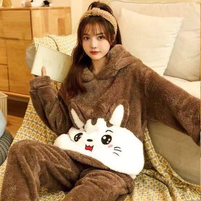 Bộ ngủ lông cừu thêu mèo dễ thương, Sét pyjama lông mũ tai gấu chất dày dặn ấm áp màu hồng nâu form rộng unisex hàn quốc, EYE 2T 8