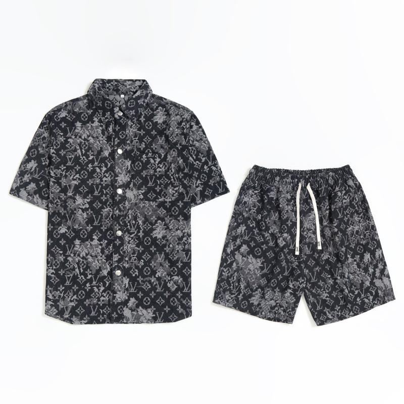 Set Bộ Jean Denim Cộc Tay Nam Sơ Mi Thiết Kế Họa Tiết Loang - Quần Áo Bò Cộc Tay Bản Dây Rút Thắt Đẹp Menswear set  nam