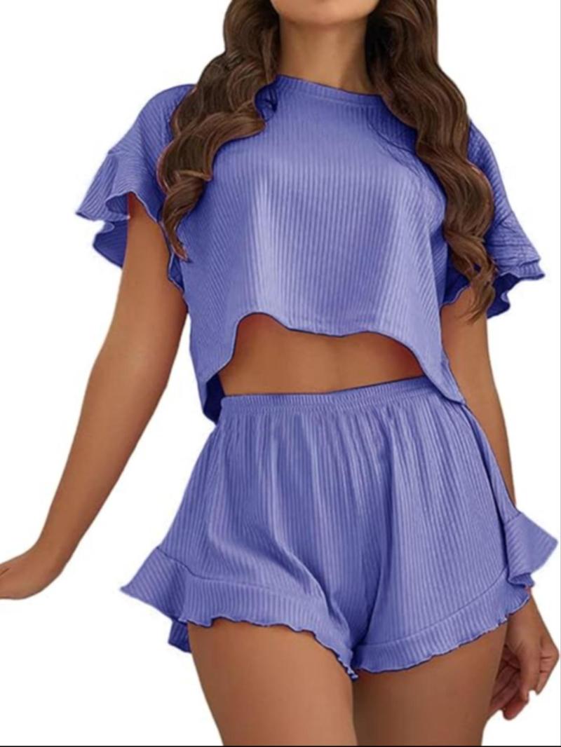Product Introduction of Two-piece Set Women's Solid Color Ruffle Hem Crop Top & Shorts Pyjama Set, Casual Comfy Drop Shoulder Top & Shorts Pj Set, Ladies Summer Sleepwear Valentine's Day, gift 15