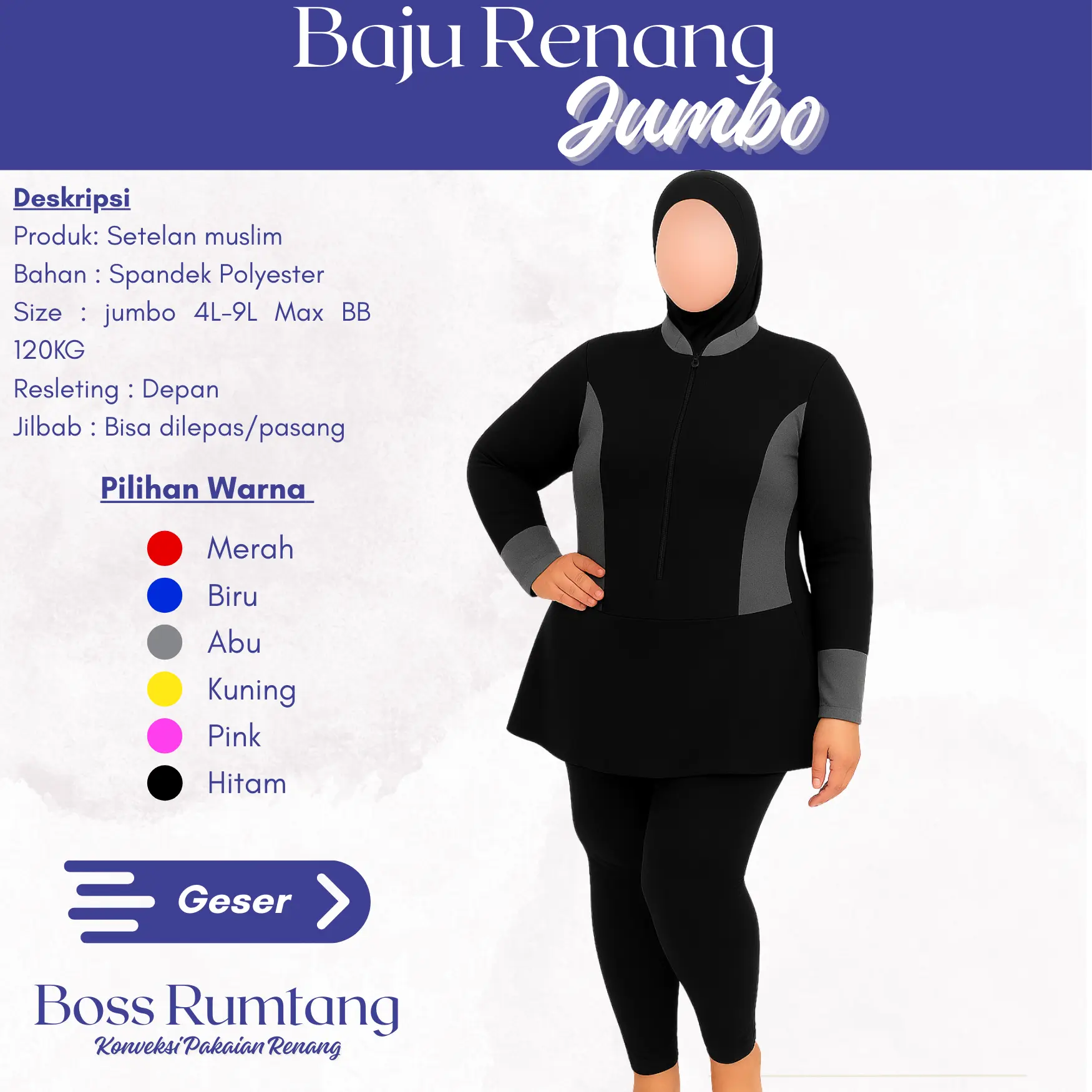 Monochrome- Urban Go Setelan Baju Renang Jumbo Model Muslim Sama Hijab Lengkap Atasan Bawahan Ukuran Super Jumbo Muat BB Besar Bahan Melar Nyaman Wanita Sport
