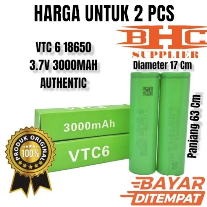 BATTERY VTC6 3.7V 3000 Mah 18650 / Baterai Senter Laptop Speaker DLL Green Batrai Jam