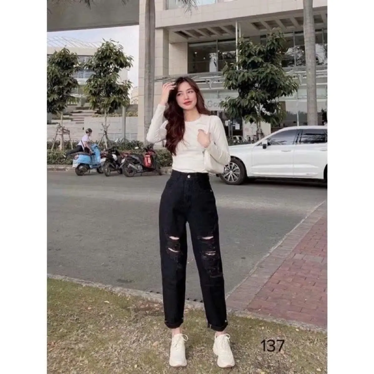 QUẦN JEAN BEGGY RÁCH NỮ CẠP CAO KHÔNG CO DÃN Lưng Cao Pants Women Denim