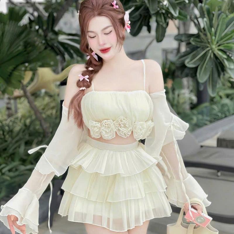 Set váy voan thiết kế áo ngắn hai dây (có mút) đính hoa kèm khoác phối chân váy xòe tầng có lót Nữ Women Kem Dress Top 0