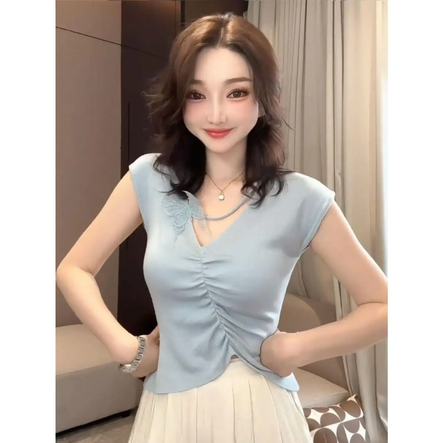 Áo Thun ngắn Tay Hình Bướm 3D, Phong Cách Hàn Quốc, Thiết Kế Tuyệt Đẹp, Dành Cho Nữ, Eo Thắt Nịt Bất Đối Xứng, Áo, Thích Hợp Cho Mùa Hè Mới 2025, Thiết Kế Đẹp