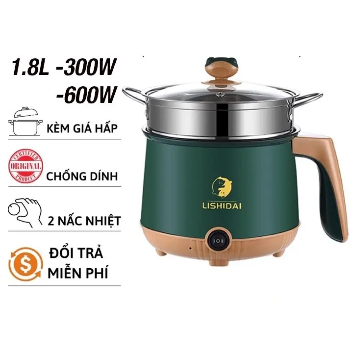 Nồi lẩu điện mini đa năng ca nấu mì 2 tầng tặng giá hấp nướng, luộc, chiên chống dính Nồi Điện