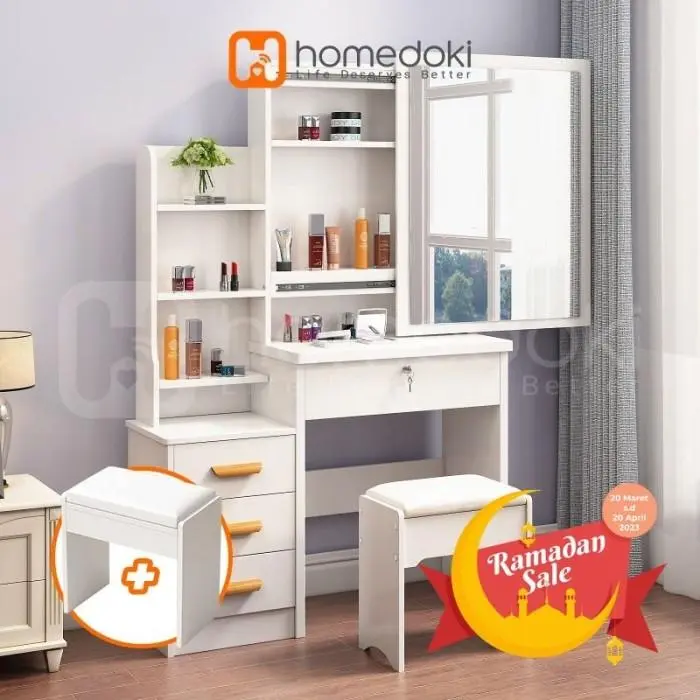 Homedoki Meja Rias Putih Lampu LED /Meja Rias Kaca Sliding Minimalis / Meja Kosmetik
