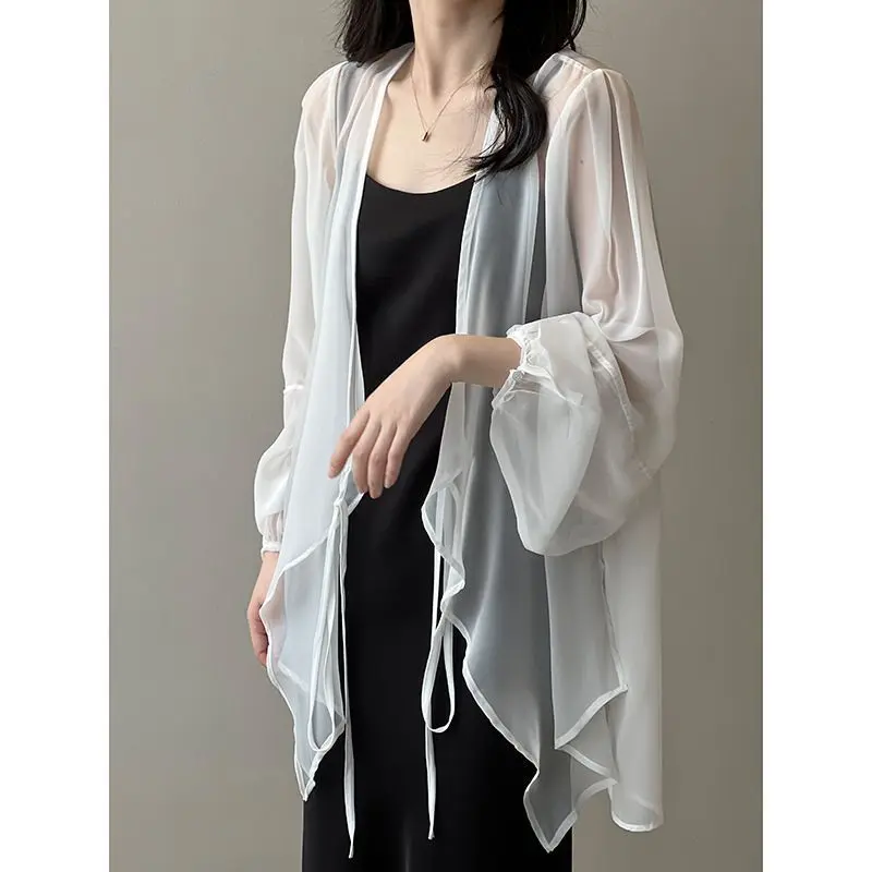 Áo Chống Nắng Vải Voan, Dành Cho Nữ, Mùa Hè Nhẹ Nhàng, Mỏng Và Rộng Rãi, Áo Lười Xuyên thấu Vải Tuyn, Có Thể Mặc ngoài trời, Áo Cardigan, Áo Sơ Mi Không Cổ Buộc Dây
