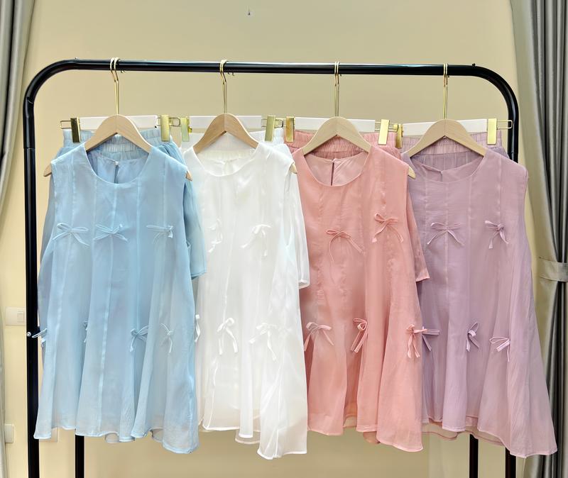 Set Áo voan tơ kiểu nữ khoét nách hai lớp đính nơ xinh kèm quần form rộng 4 màu Hàn Quốc Kozoda S74 Kem Women