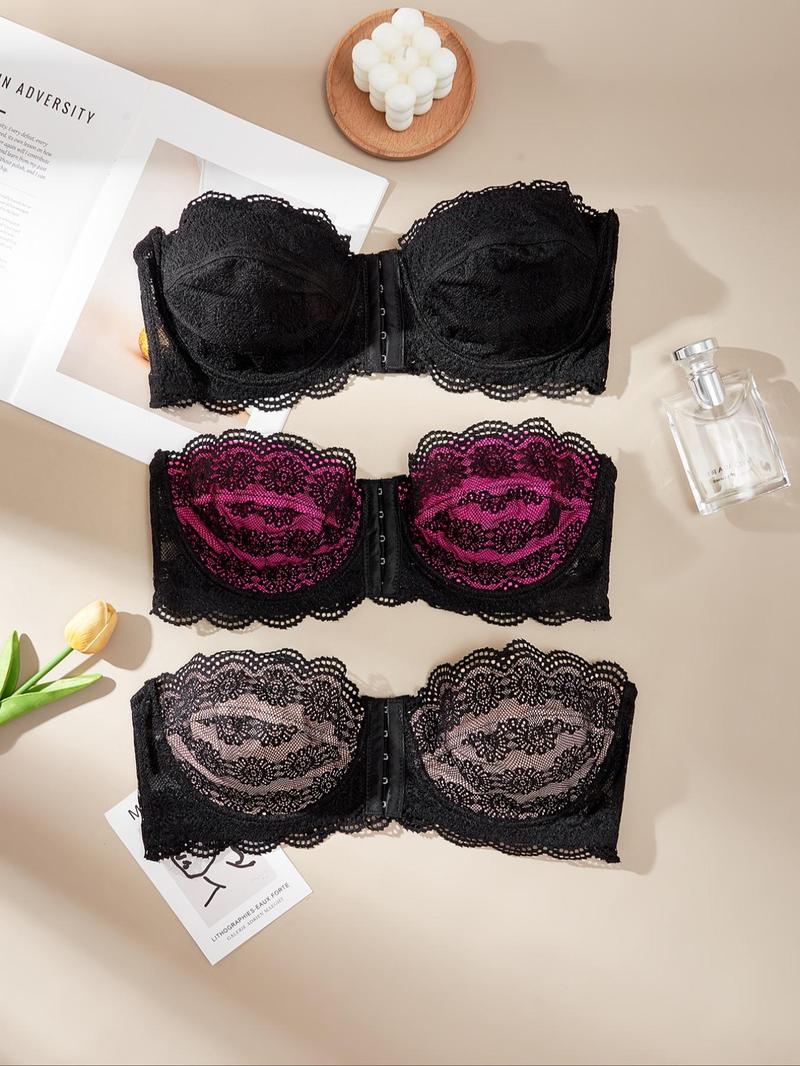 Product Introduction of 【Plus Size】 Women's Solid Color Lace Scallop Trim Push Up Front-Closure Bra, Soft Breathable Comfortable Underwire Backless Bra with Removable Transparent Straps for Daily Wear, Women's Lingerie for All Seasons 4