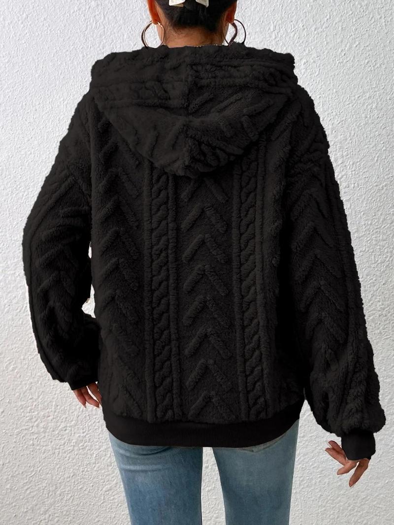 Product Introduction of Women's Plain Textured Drawstring Plush Hoodie, Fashion Casual Drop Shoulder Long Sleeve Hooded Sweatshirt for Daily Outdoor Wear, Yoga Hoodie, Women Clothing for Fall & Winter 6