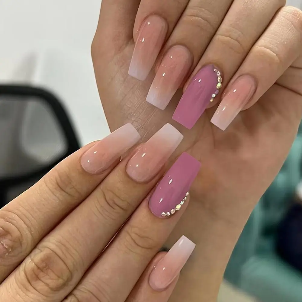 24pcs Ombre Rhinestones Design Fake Nail, Long Coffin Reusable False Nails for Women & Girls DIY Nail Art, French Style Press On Nails Stick On Nails Glue On Nails, Manicure Full Cover Sticker Nails