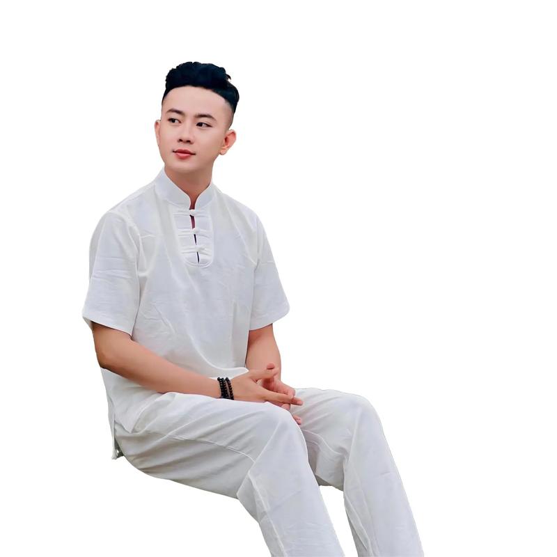 ĐỒ LAM ĐI CHÙA - MẪU 3 NÚT NAM - MÀU TRẮNG - VẢI LINEN THUN Áo Quần Menswear Sơ Mi