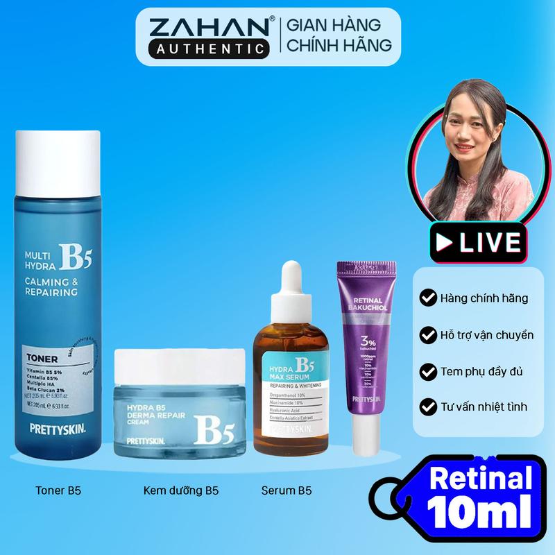 Combo Da Thường toner B5 Kem dưỡng Retinal Bakuchiol tinh chất B5 50ml kem dưỡng B5 52ml Prettyskin 4 sản phẩm