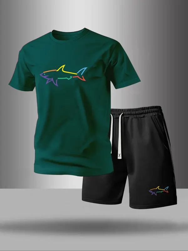 Men's Graphic Print Tee & Drawstring Waist Shorts Set, Casual Round Neck Short Sleeve T-shirt & Pocket Track Shorts, Men's Two-piece Outfits for Summer 1