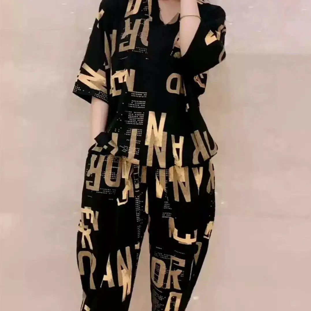 Bộ Đồ Hai Mảnh Cho Nữ, Áo Sơ Mi Cổ Tròn ngắn Tay Và Quần Harem Thường Ngày Thời Trang Mùa Hè Phong Cách Hàn Quốc, Ngoại Cỡ, Dáng Rộng Vừa Vặn, Thích Hợp Cho Phụ Nữ, Bộ Đồ Một Mảnh / Bộ Đồ, Váy Áo Nữ Thường Ngày