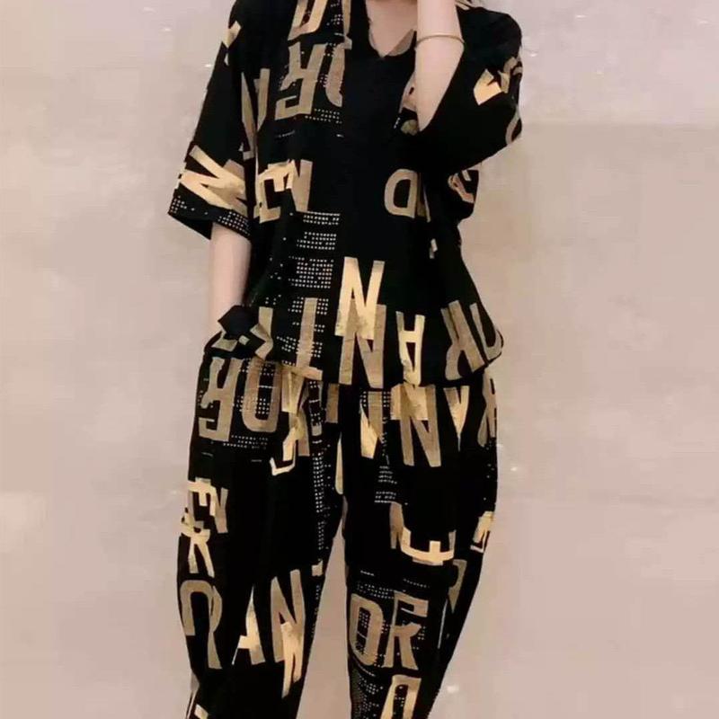 Bộ Đồ Hai Mảnh Cho Nữ, Áo Sơ Mi Cổ Tròn ngắn Tay Và Quần Harem Thường Ngày Thời Trang Mùa Hè Phong Cách Hàn Quốc, Ngoại Cỡ, Dáng Rộng Vừa Vặn, Thích Hợp Cho Phụ Nữ, Bộ Đồ Một Mảnh / Bộ Đồ, Váy Áo Nữ Thường Ngày 0