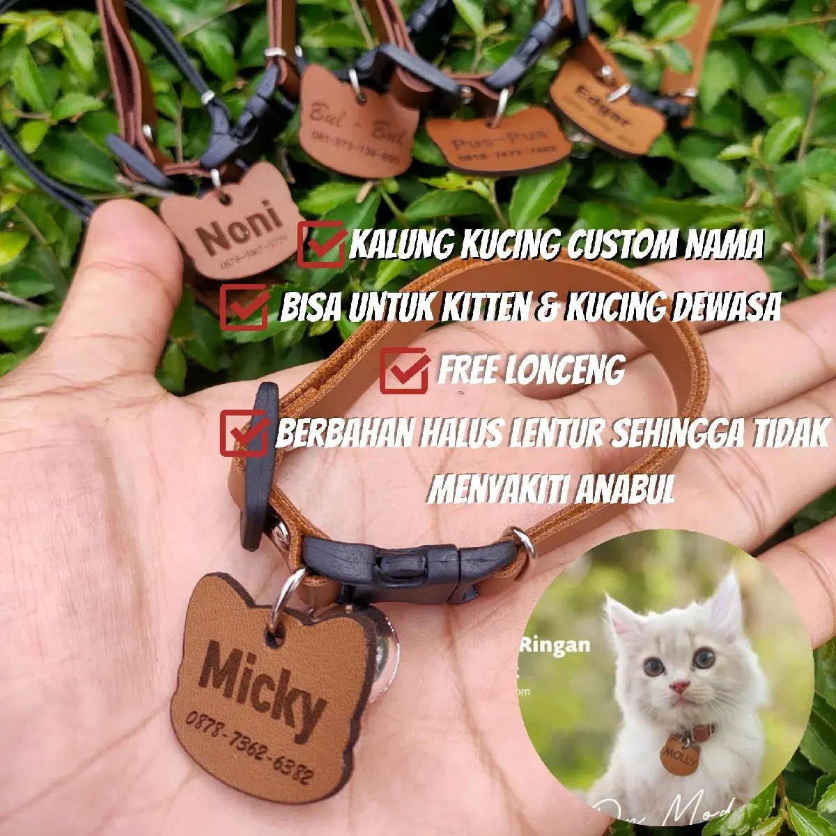 kalung kucing free custom nama dan liontin 14mm nyaring berbahan kulit
