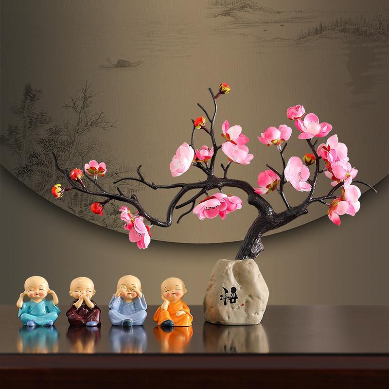 Bình hoa đào lụa dáng bonsai bộ chú tiểu 4 không trang trí taplo xe hơi, bàn làm việc, kệ sách, phòng khách Decor Decor Phòng Decor Bàn Trang Trí Nhà Tượng